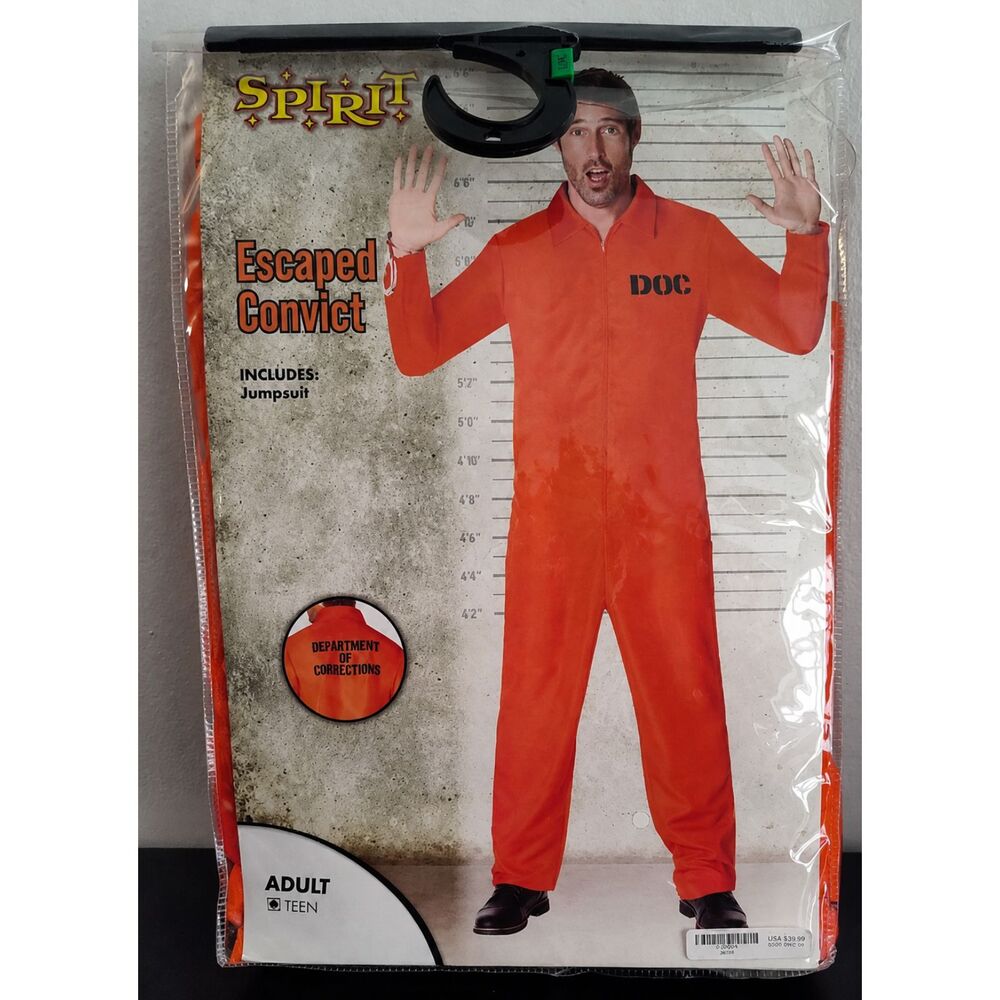 Spirit Halloween Escaped Convict Costume Adult Teen Orange Prison Jumpsuit